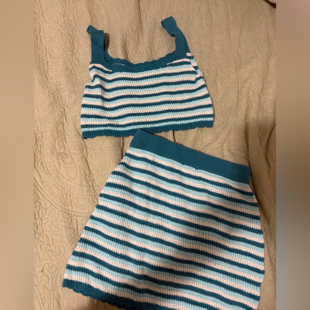 wild fable Teal and White Striped Knit Crop Top & Skirt Set
